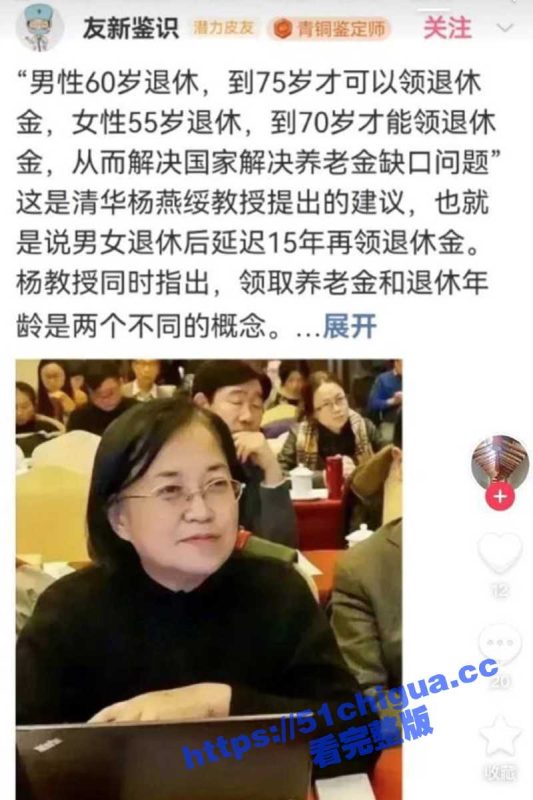 清华大学 杨燕绥 教授建议养老金领取延迟15年，减轻国家的养老资金压力这15年外出打工赚取生活费！-51吃瓜网